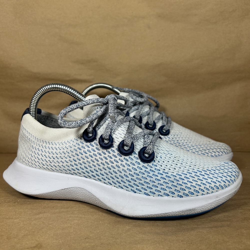 Allbirds Tree Dashers Running Shoes Womens 8 White Blue Knit Sustainable Sneaker